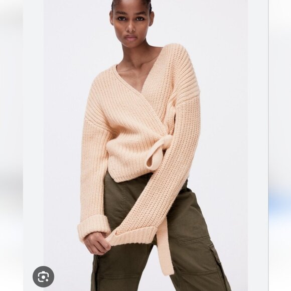 ZARA | Tied Wrap Cardigan Sweater Pink Beige Chunky  Knit Sz M - Picture 1 of 6
